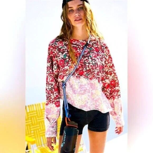 NWT FP Movement Inspire Floral Printed Layer-Faded Faded Poppy Red Shirt Sz M - Picture 1 of 9